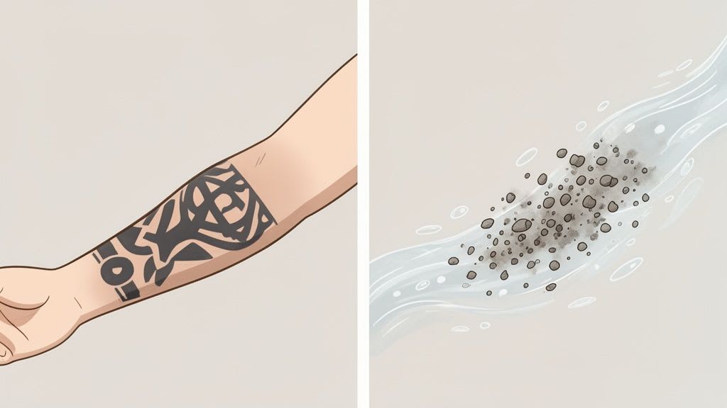 An arm with a tribal tattoo on one side and dark particles being washed away by water on the other.