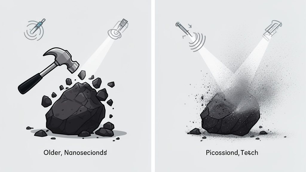 Two panels illustrating rock disintegration: hammer for large pieces versus lasers for fine dust, contrasting methods.