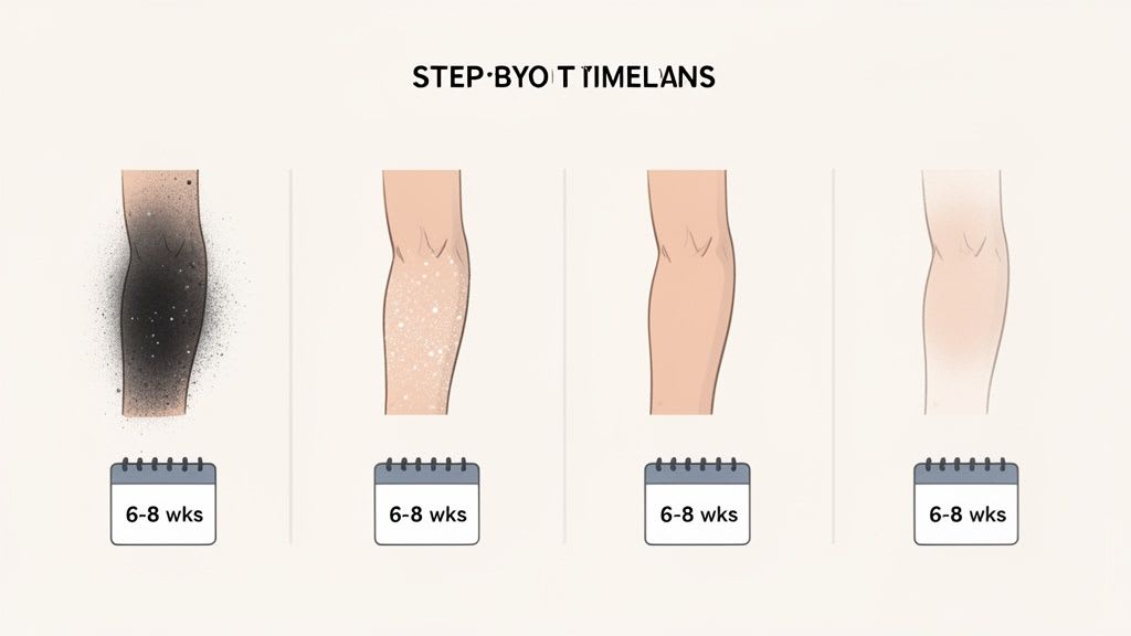 A four-step timeline shows a leg undergoing skin clearing, progressing from dark to clear skin over 6-8 weeks.