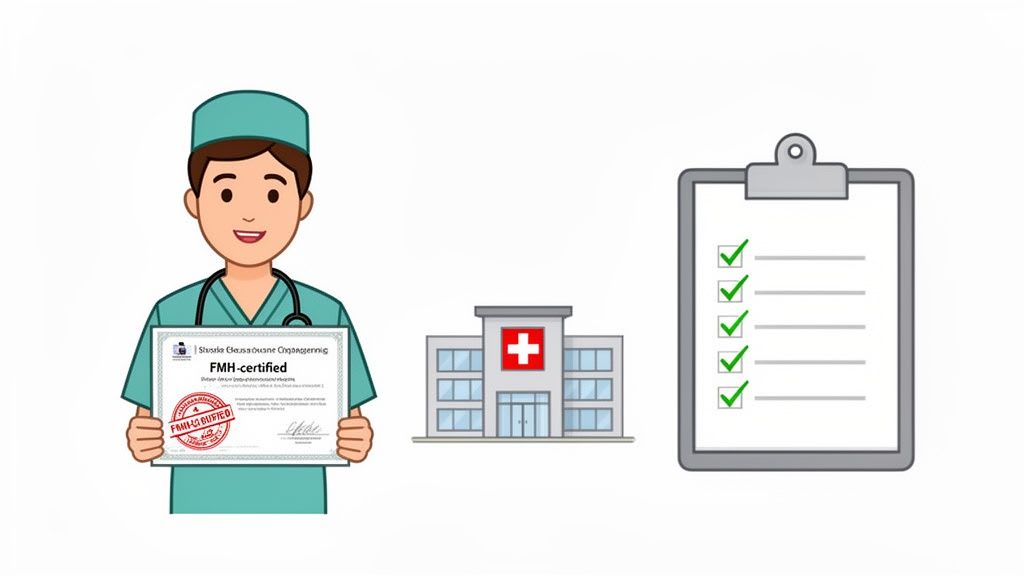 A cartoon doctor holds an FMH-certified diploma next to a hospital and a completed checklist.