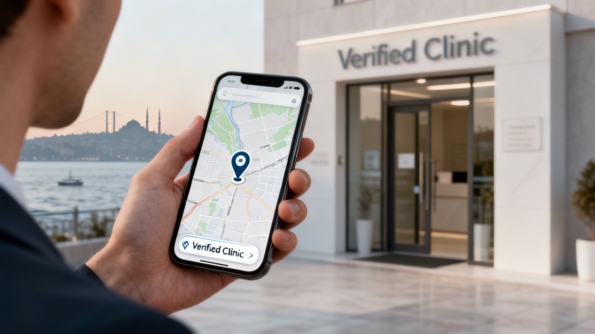 A person holding a smartphone displaying a map to a 'Verified Clinic' located in Istanbul, Turkey.