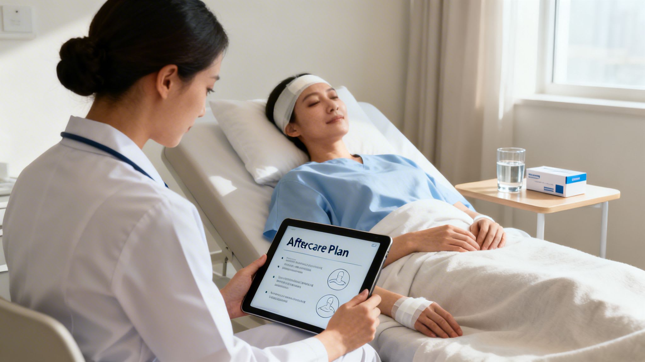 Female doctor discusses aftercare plan on a tablet with a resting patient in a bright hospital room.