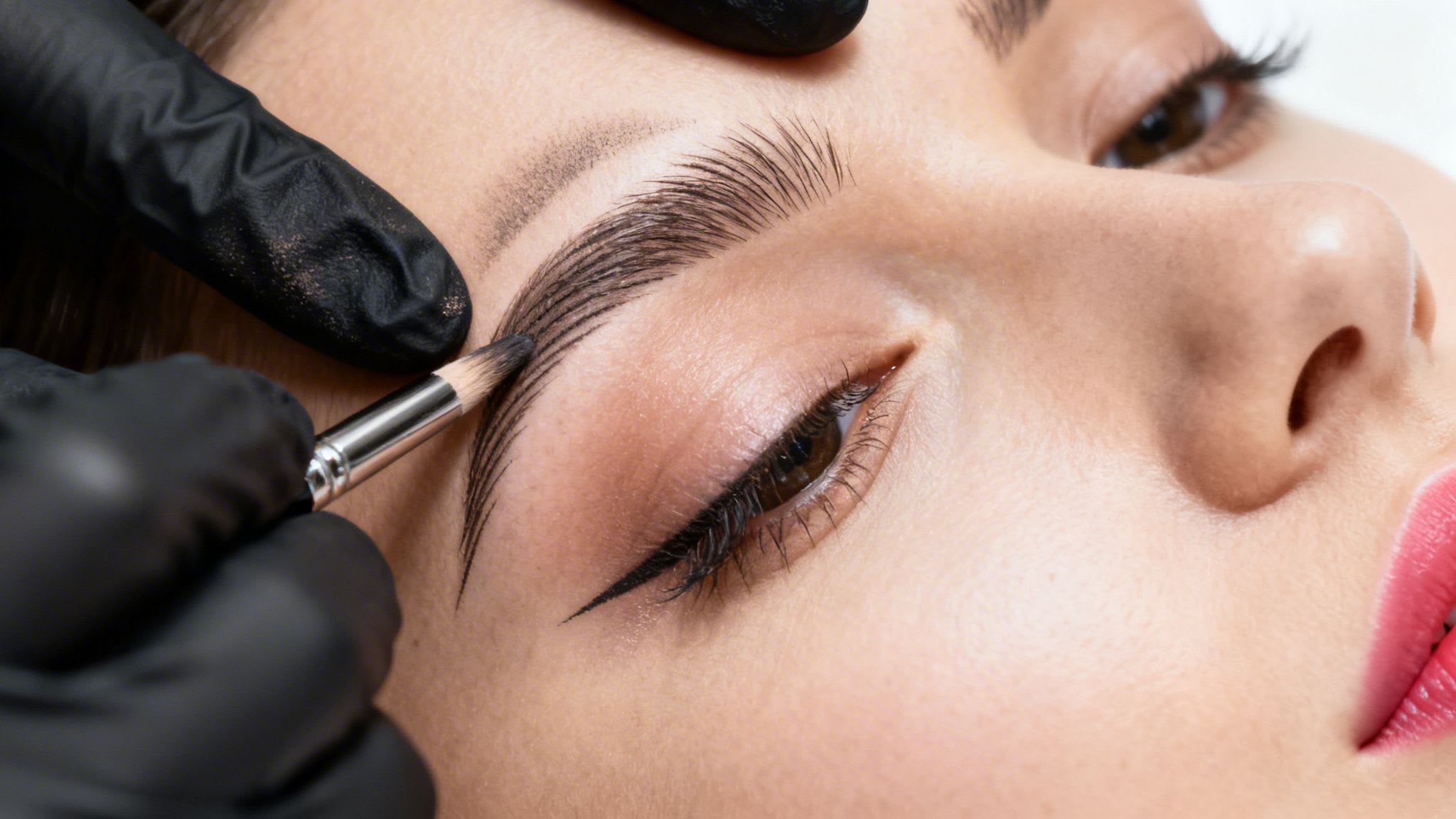 Close-up of a person receiving eyebrow permanent makeup with a brush, wearing black gloves.