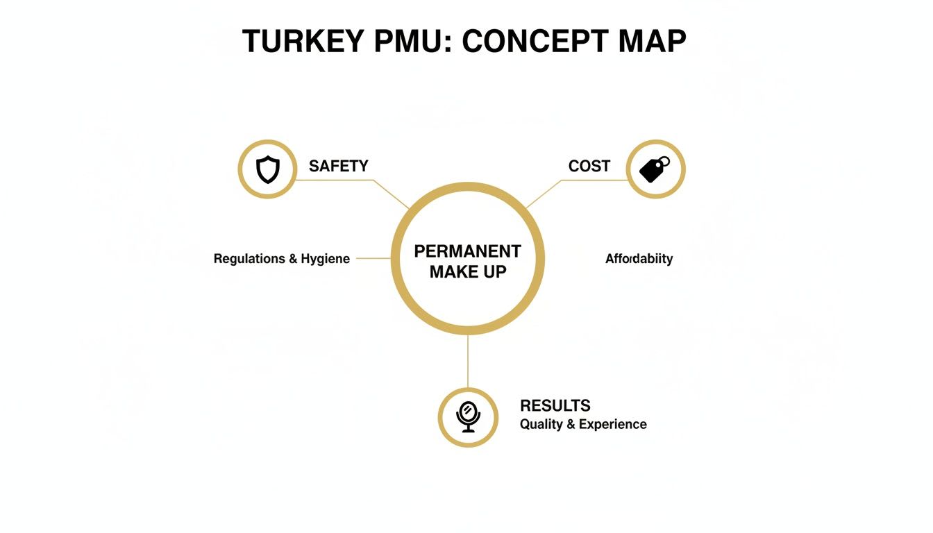 Concept map illustrating Permanent Make Up in Turkey, highlighting safety, cost, and results factors.
