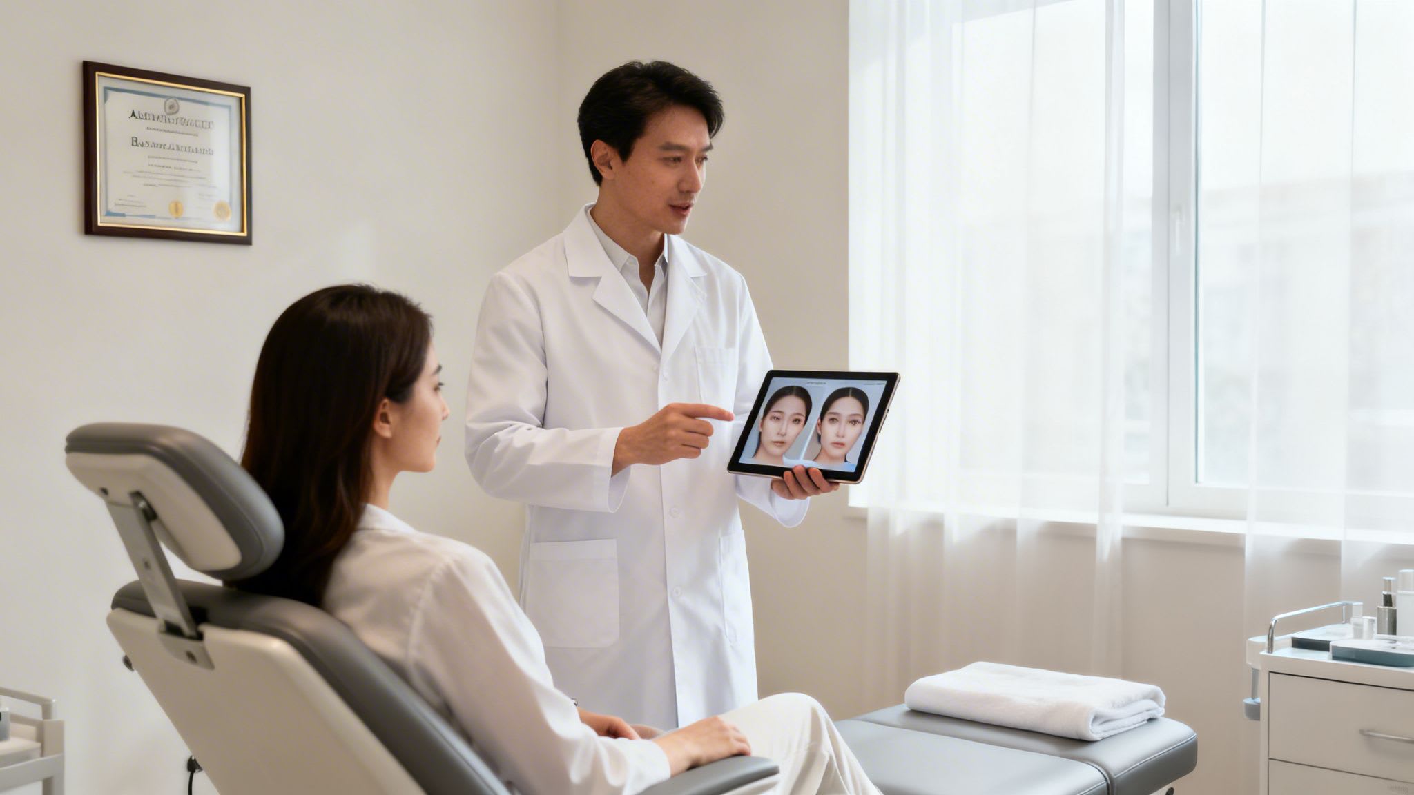 A doctor in a white coat shows a patient cosmetic procedure results on a tablet.