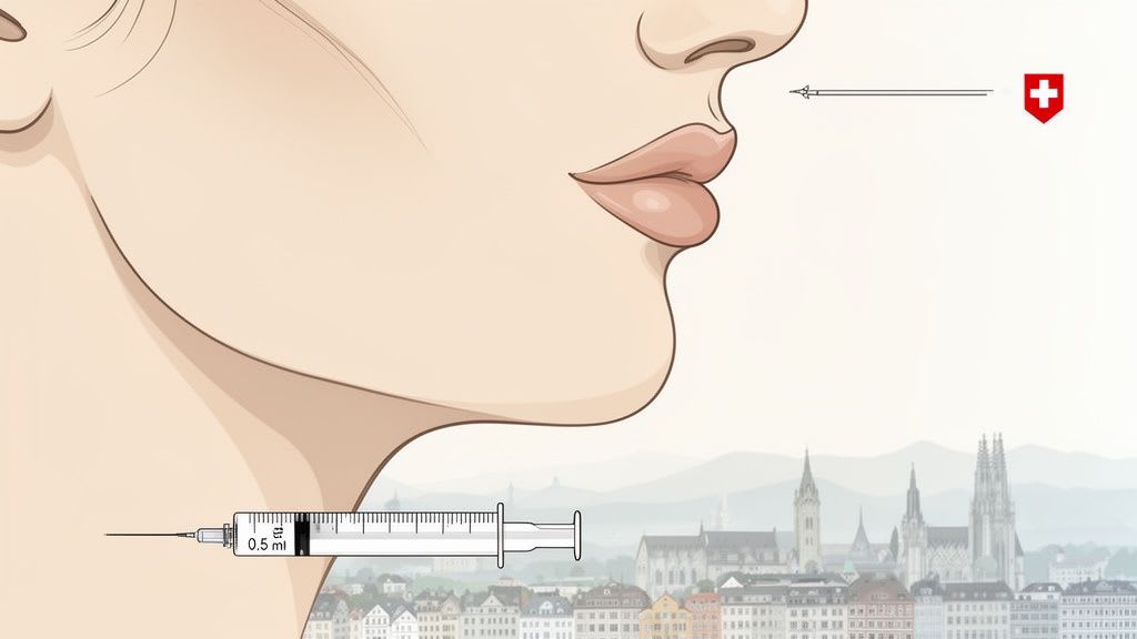 Illustration eines Frauenprofils mit einer 0.5 ml Spritze, Stadtansicht und Schweizer Kreuzsymbol.