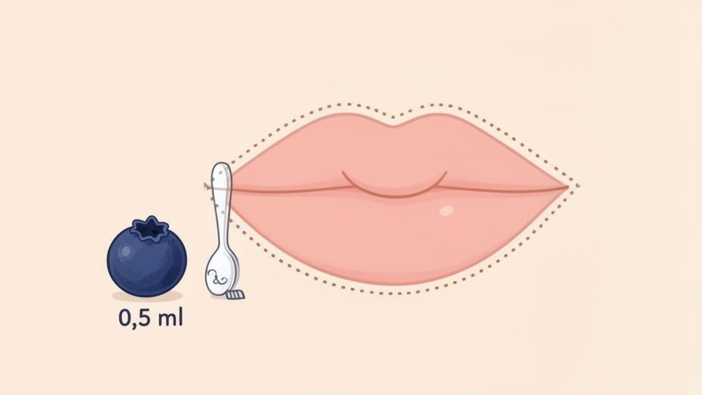 Illustration, die Lippen mit einer gepunkteten Kontur zeigt, neben einer Heidelbeere und einem kleinen Löffel, der 0.5 ml Volumen anzeigt.