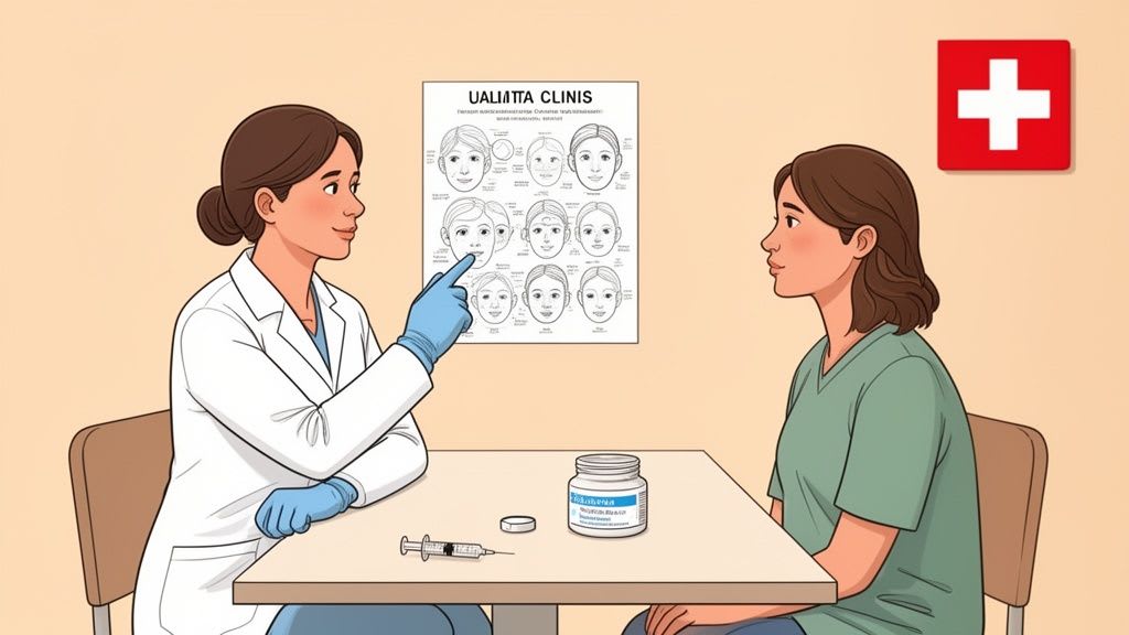 Ein Arzt in einem Laborkittel und Handschuhen diskutiert Gesichtszüge mit einem Patienten und zeigt auf ein Gesichtsschema. Eine Spritze und ein Medikamentenbehälter liegen auf dem Tisch.