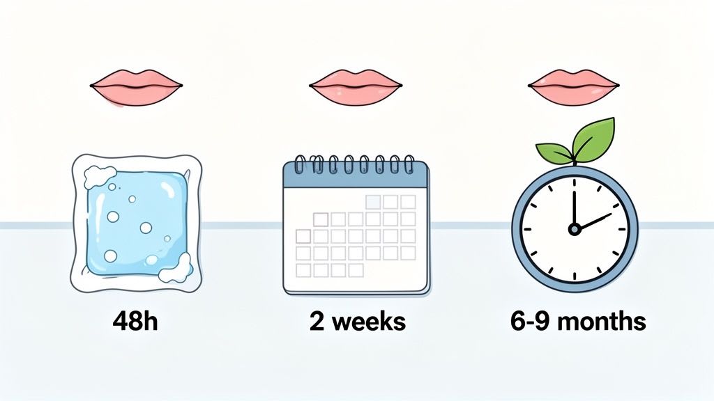 Illustration des Zeitplans für Lippenfüllungen: Eispackung (48h), Kalender (2 Wochen) und Uhr (6-9 Monate) für Genesung und Dauer.