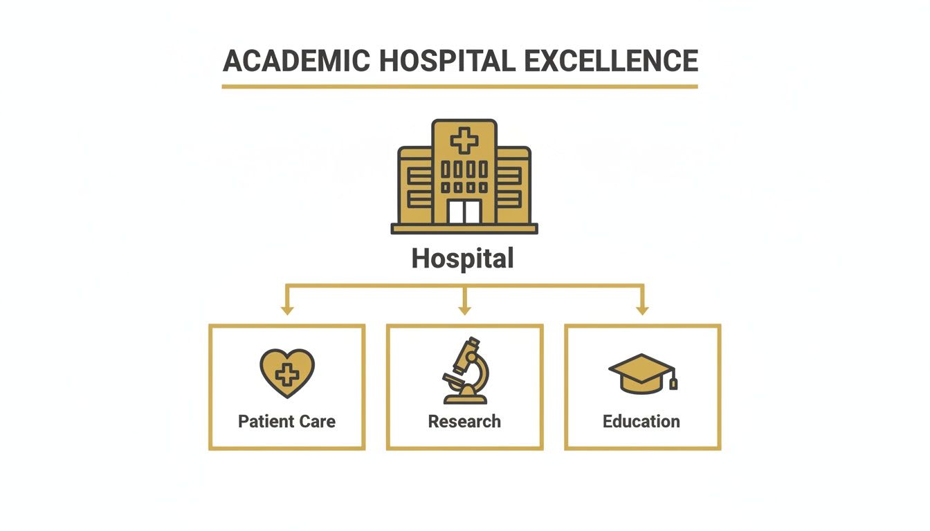 Diagram illustrating the three core functions of an academic hospital: patient care, research, and education.
