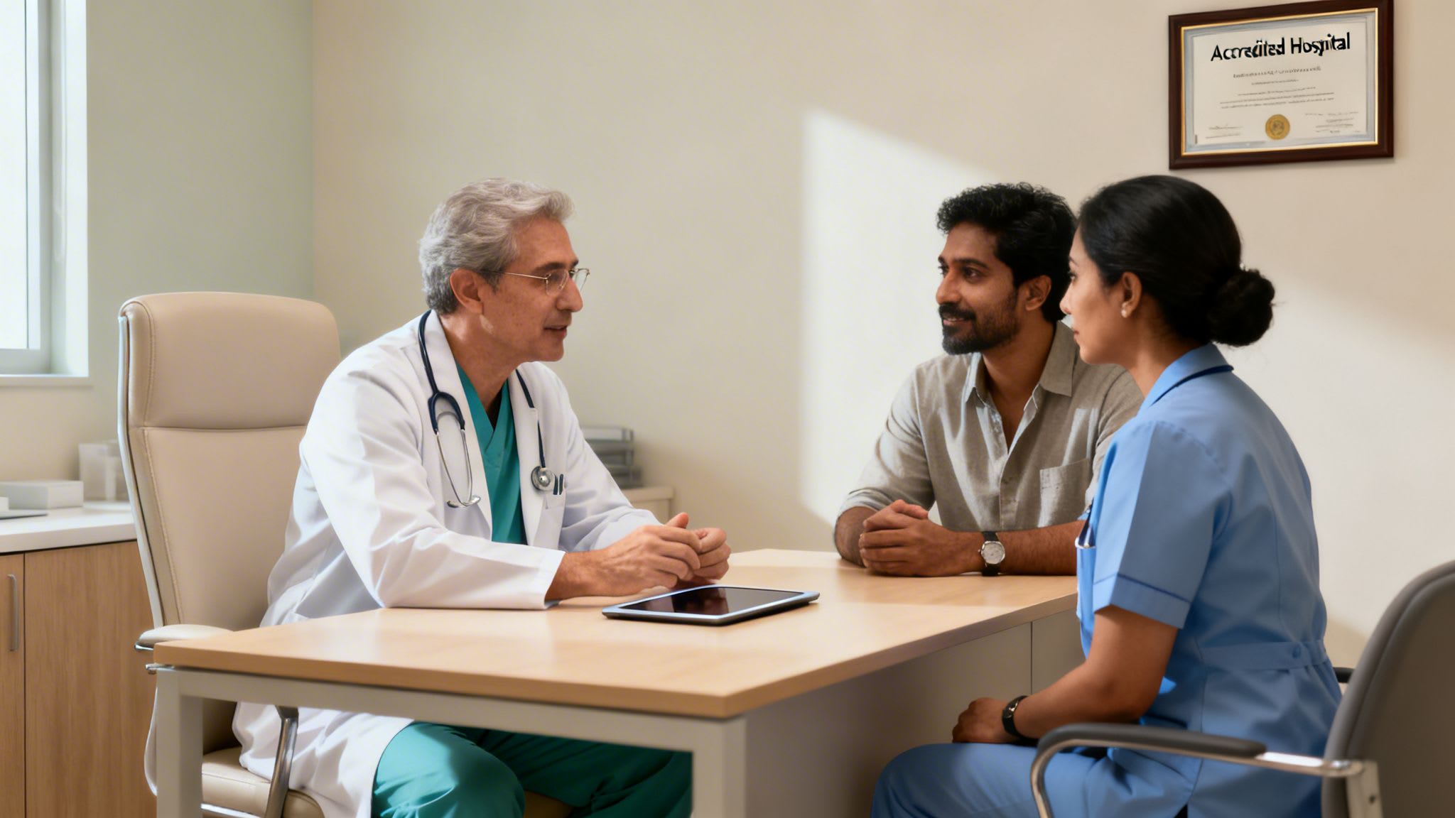 Doctor, patient, and nurse discussing at a desk in a modern hospital consultation room.