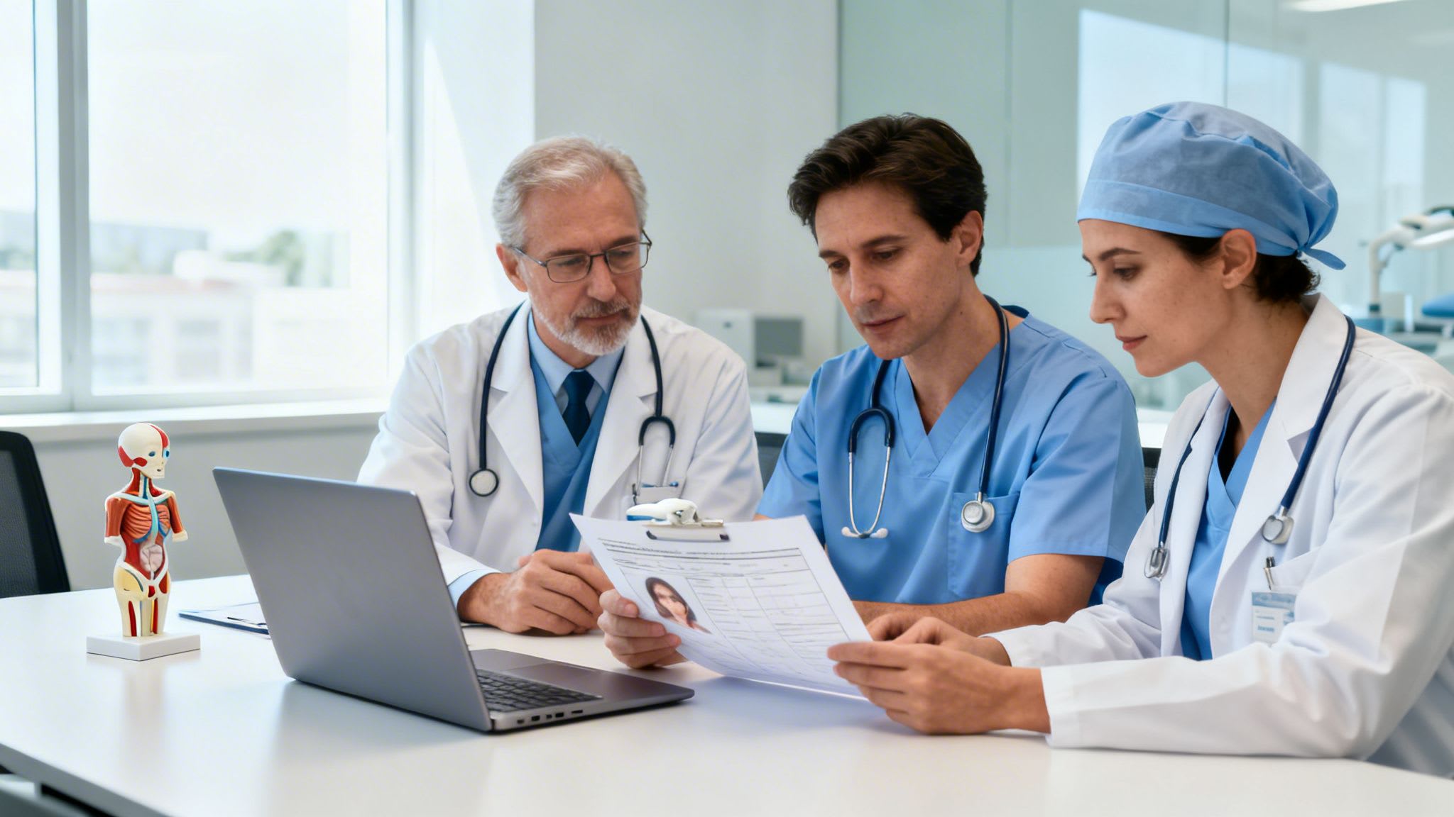 Three medical professionals, two doctors and one nurse, discuss patient documents and use a laptop in a modern hospital setting.
