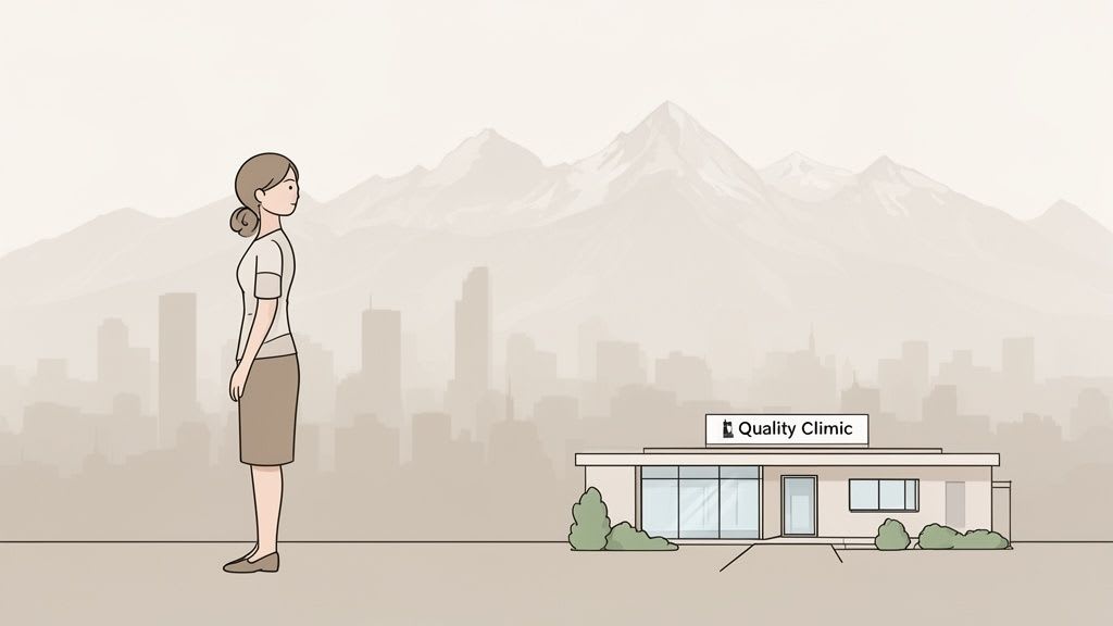 A woman stands in profile, looking towards a 'Quality Clinic' building, with a city and mountains in the background.