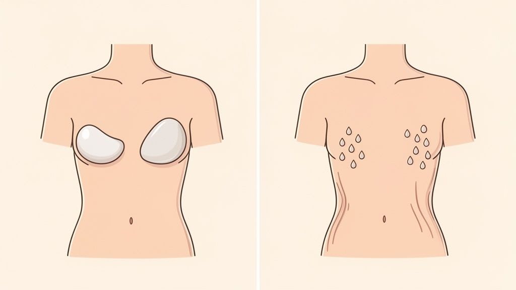 Two diagrams of a female torso: one with breast implants, the other showing tear-drop shapes on the chest.