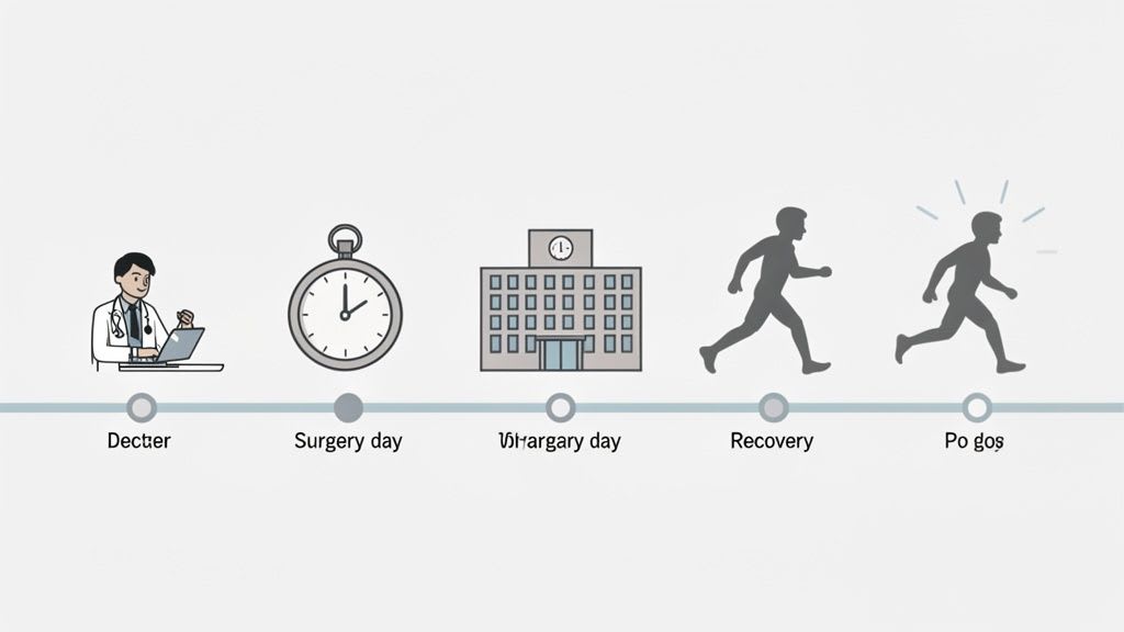 A timeline illustrating a patient's journey from doctor consultation, surgery, hospital stay, to recovery and post-op goals.