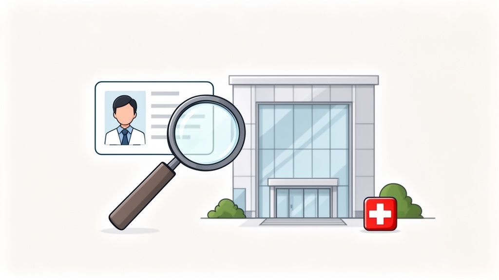 A magnifying glass inspecting a doctor's ID card and a modern hospital building with a red medical cross.