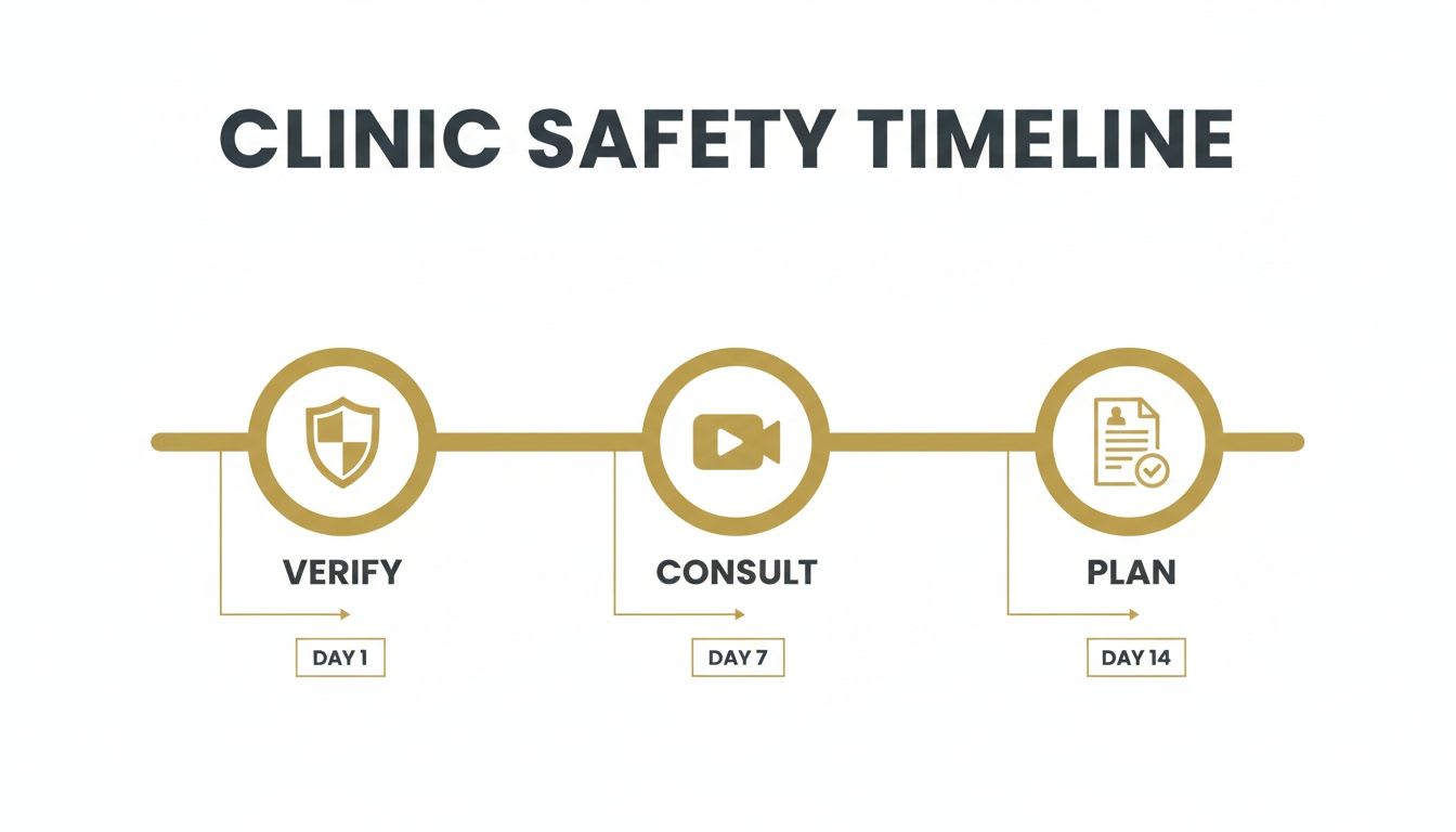 Timeline infographic illustrating clinic safety steps: Verify (Day 1), Consult (Day 7), and Plan (Day 14).