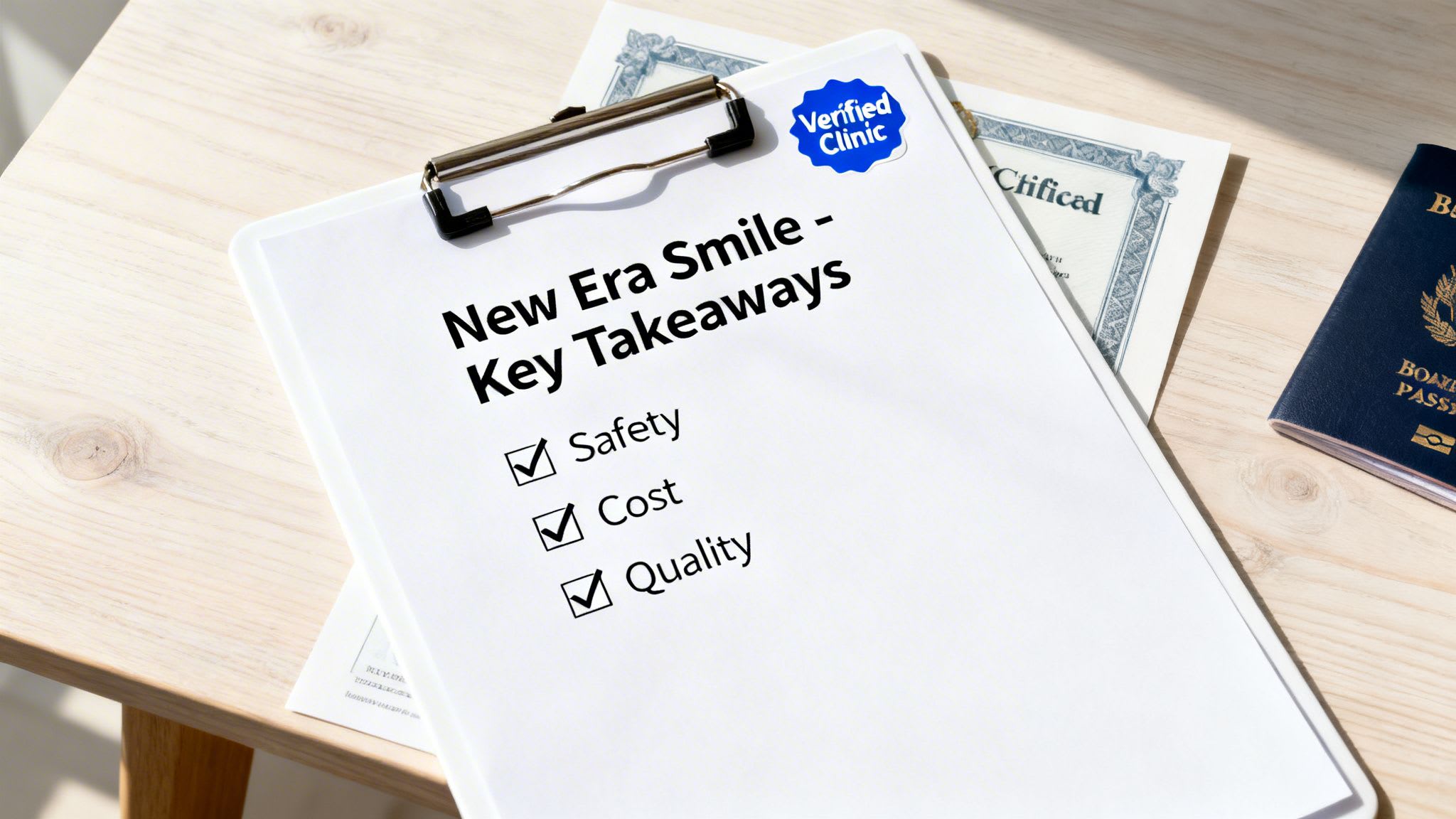 A clipboard with 'New Era Smile' takeaways: safety, cost, and quality, featuring a 'Verified Clinic' sticker.