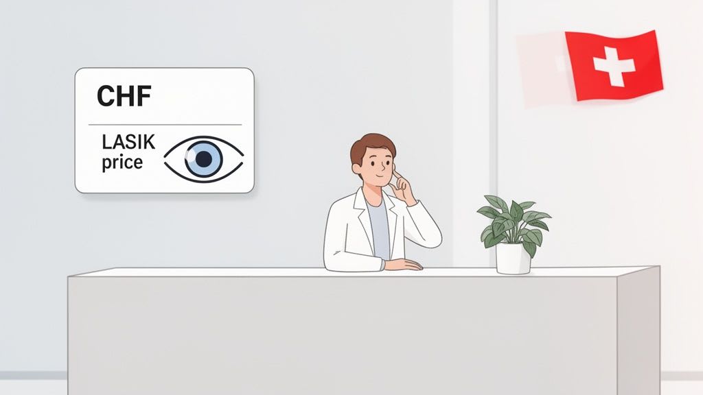 Illustration d'un médecin à un bureau de clinique, avec un panneau indiquant le prix LASIK en CHF et un drapeau suisse.