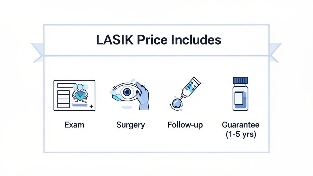 Une image décrivant ce qui est inclus dans le prix de la chirurgie oculaire LASIK : examen, chirurgie, suivi et garantie.