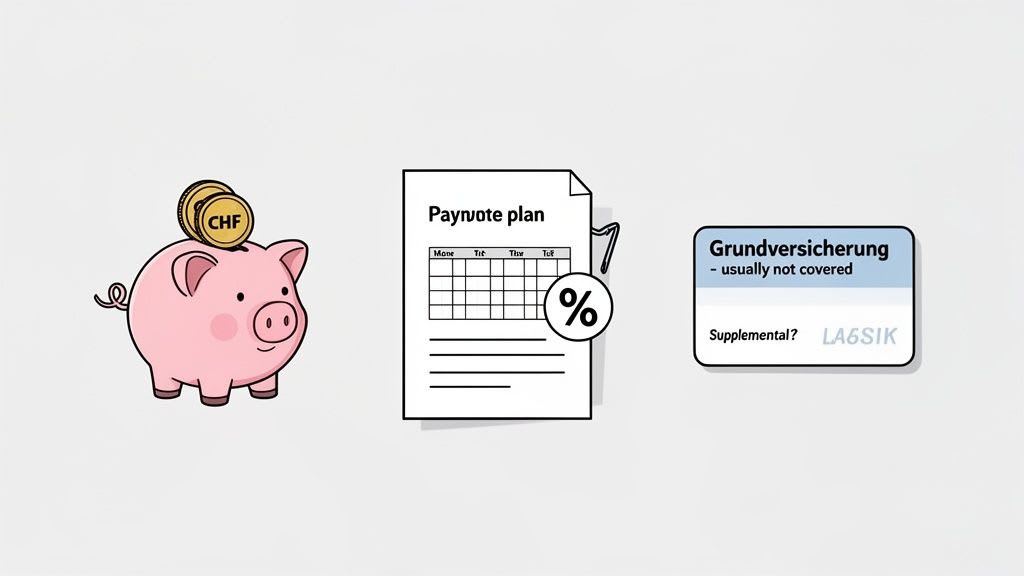 Illustration d'une tirelire, d'un plan de paiement et de détails d'assurance santé pour des procédures comme le LASIK, mettant en évidence les coûts.