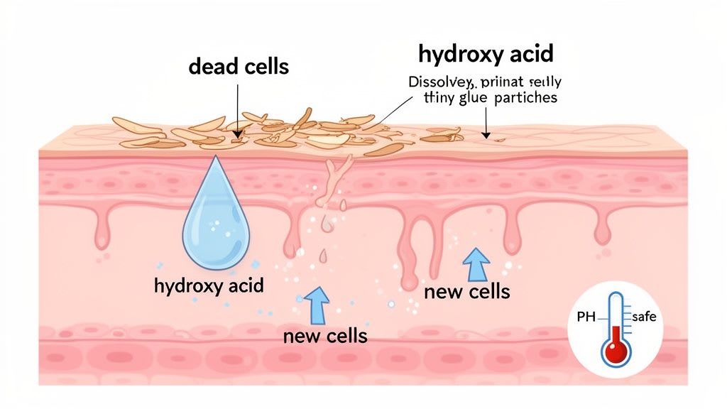 Diagramme illustrant comment l'acide hydroxy élimine les cellules mortes de la peau et favorise la croissance de nouvelles cellules, avec un indicateur de pH sûr.
