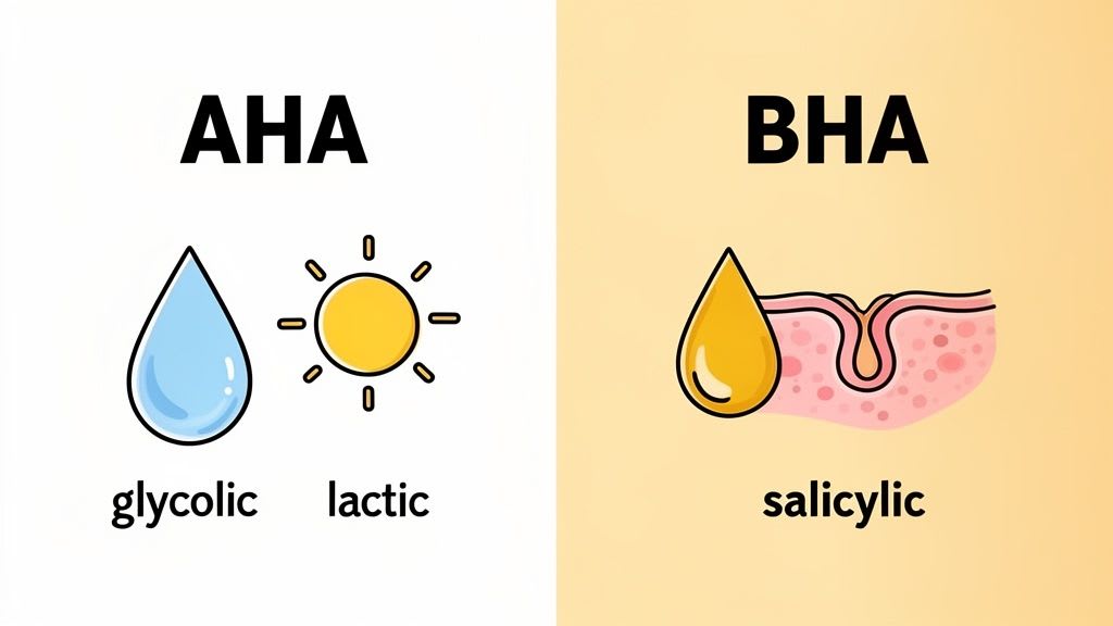 Une illustration comparant AHA (Acide Alpha-Hydroxylé) avec des acides glycolique et lactique, et BHA (Acide Bêta-Hydroxylé) avec l'acide salicylique.