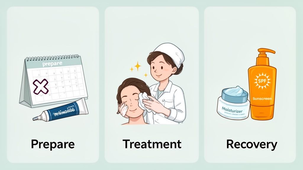 Une illustration montrant trois étapes d'un traitement de soins de la peau : préparation avec des rétinoïdes et un calendrier, traitement professionnel, et soins post-traitement avec hydratant et écran solaire.