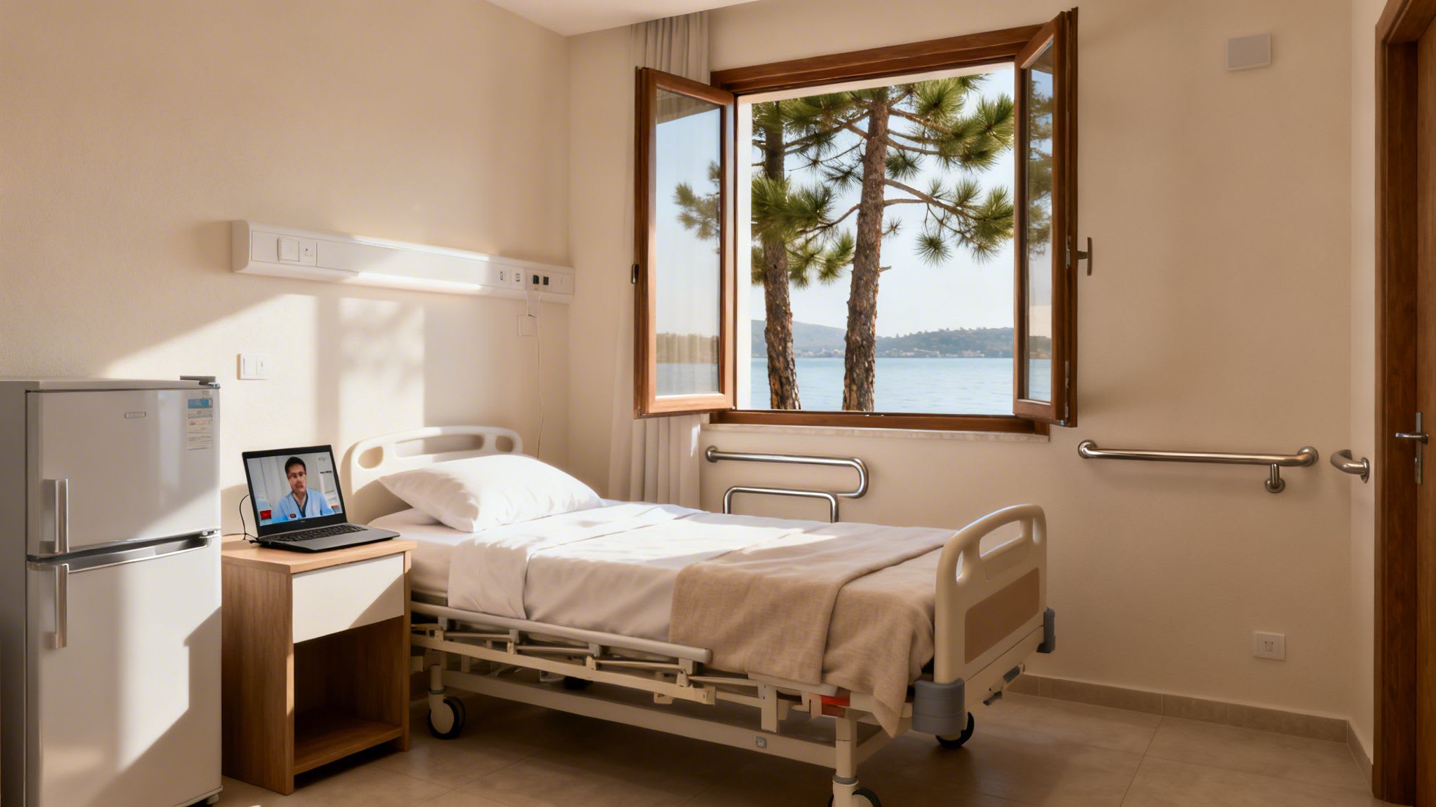 Hospital room with a bed, laptop showing doctor on video call, and window overlooking sea.
