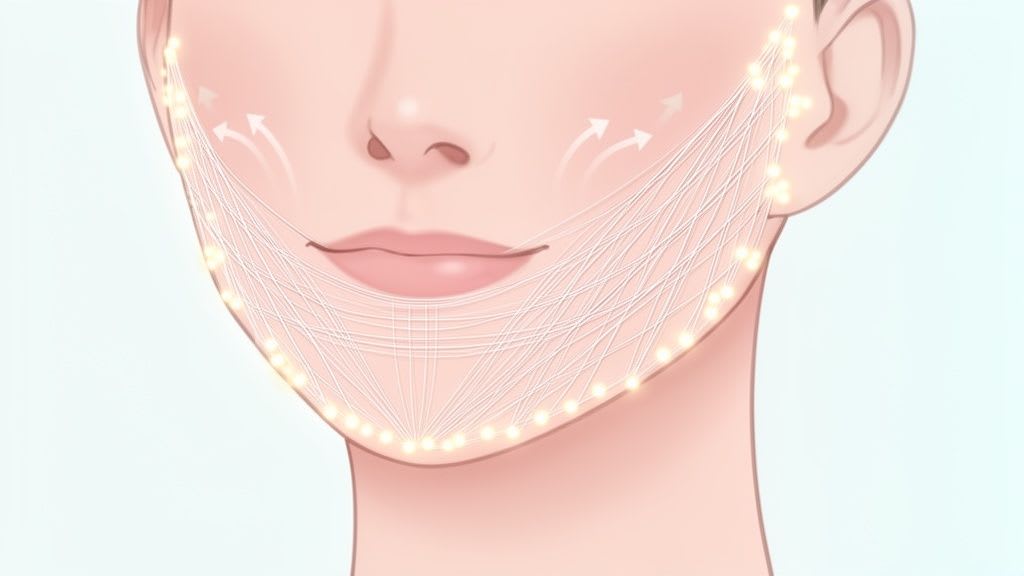 Eine Illustration eines Gesichts mit leuchtenden Punkten und weißen Fäden, die ein kosmetisches Fadenlifting-Verfahren zur Hautstraffung darstellen.