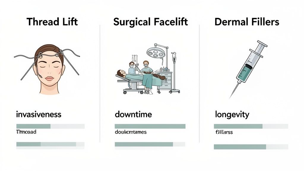 Eine Infografik, die Fadenlifting, chirurgisches Facelifting und Dermalfüller vergleicht, wobei Invasivität, Ausfallzeit und Langlebigkeit detailliert dargestellt werden.