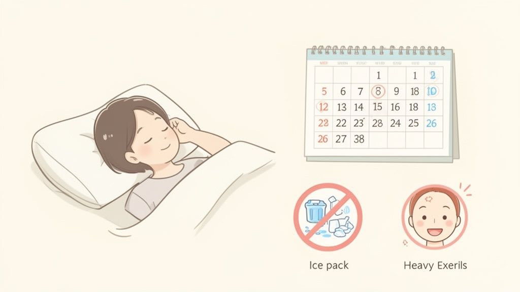 Illustration, die eine Person zeigt, die schläft, einen Kalender, ein 'kein Eispack'-Schild und Hinweise zu 'schwerem Sport'.