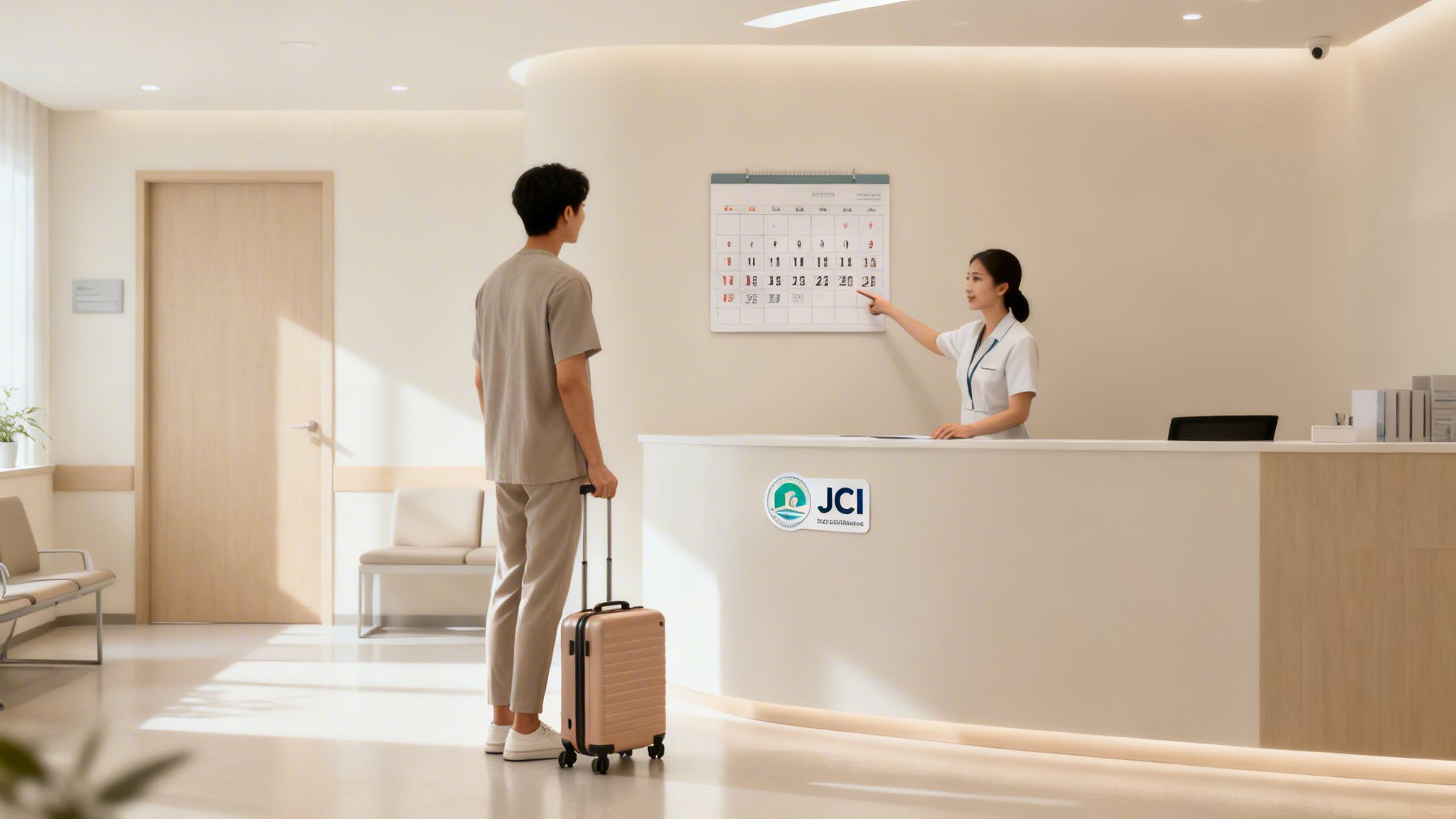 A man with a suitcase at a modern clinic reception, conversing with a female staff member pointing at a calendar.