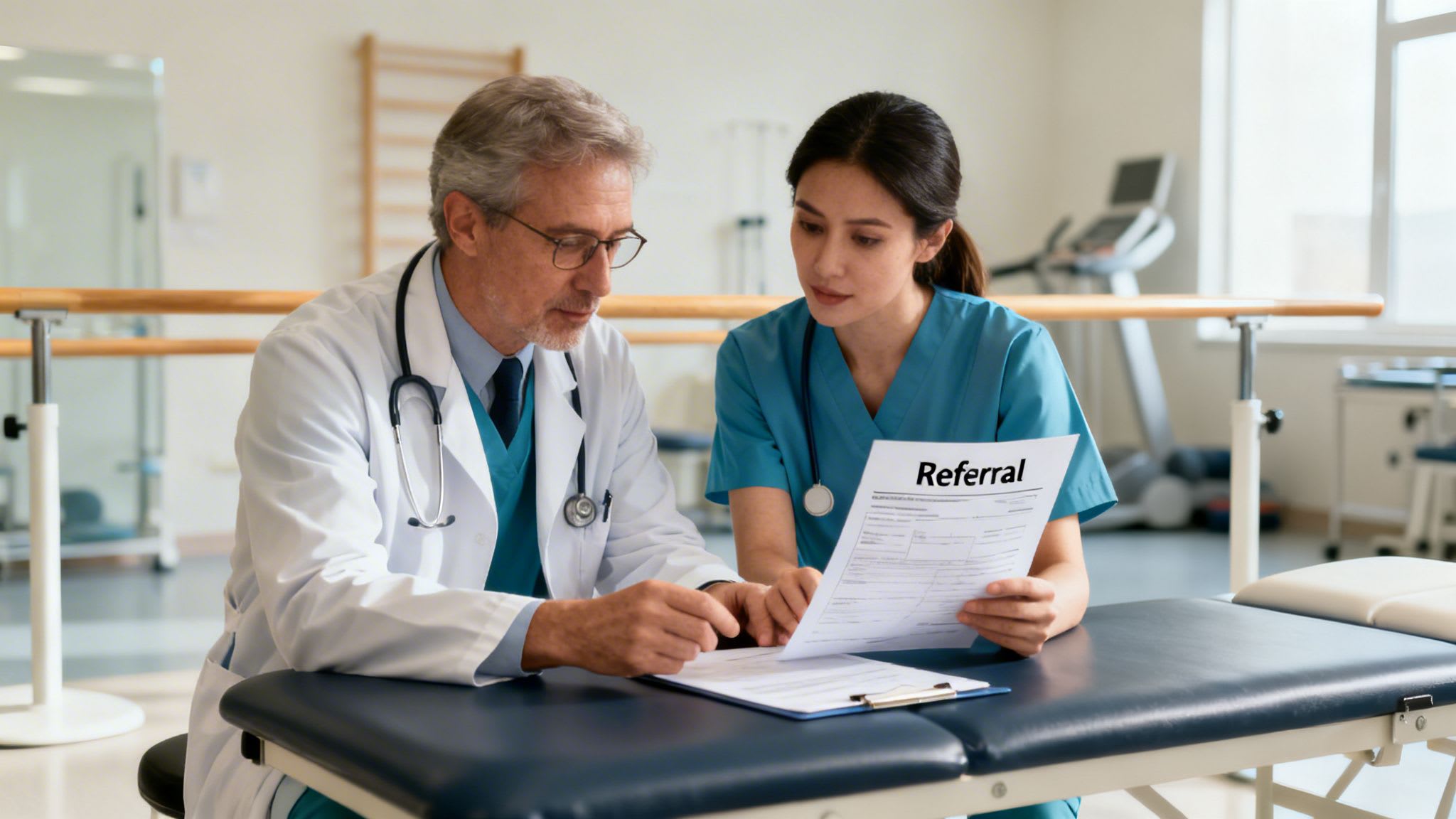 Doctor and therapist discuss a referral form in a modern physiotherapy clinic setting.
