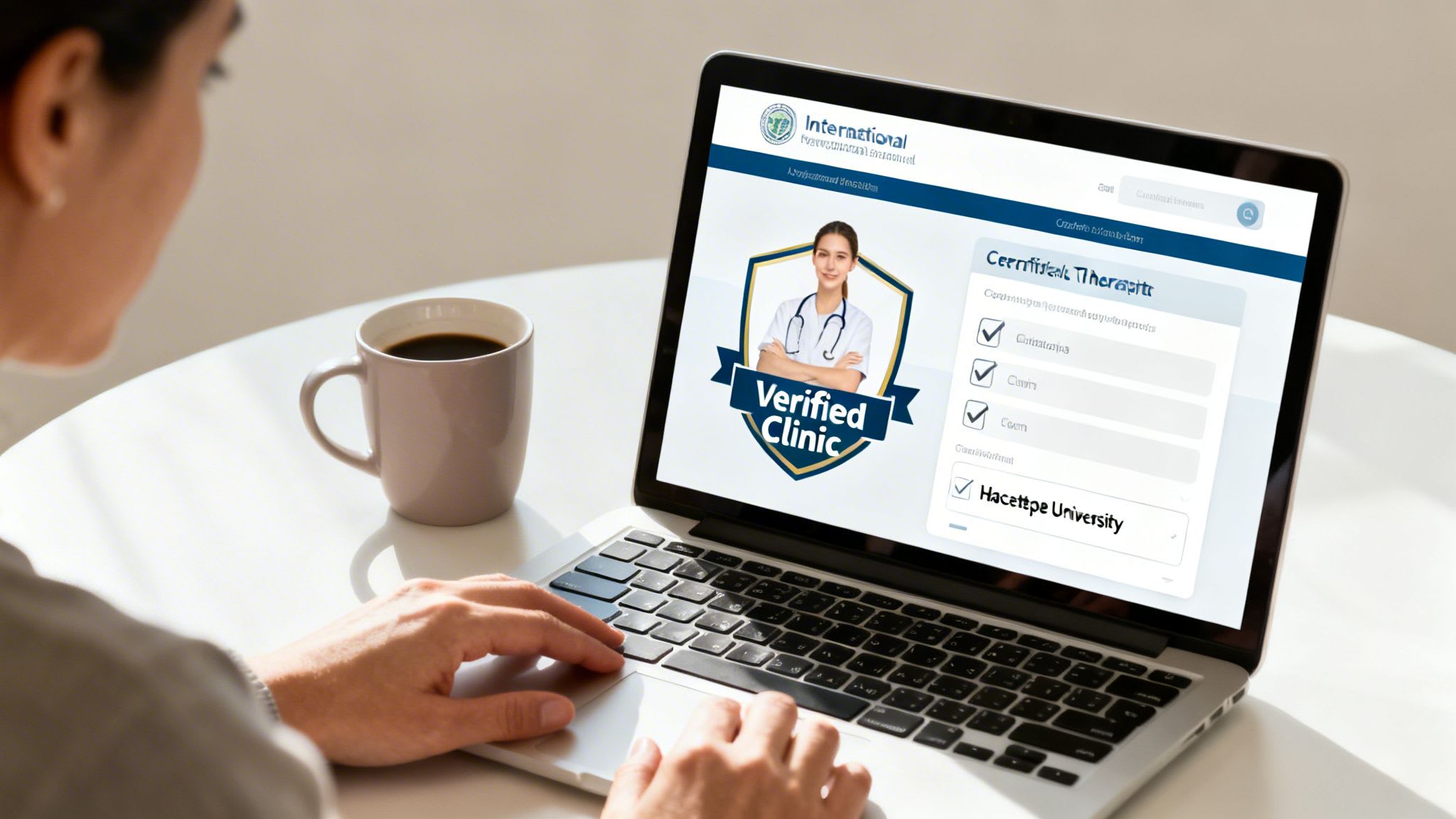 A person uses a laptop to search for certified therapists and verified clinics online, with a coffee mug.