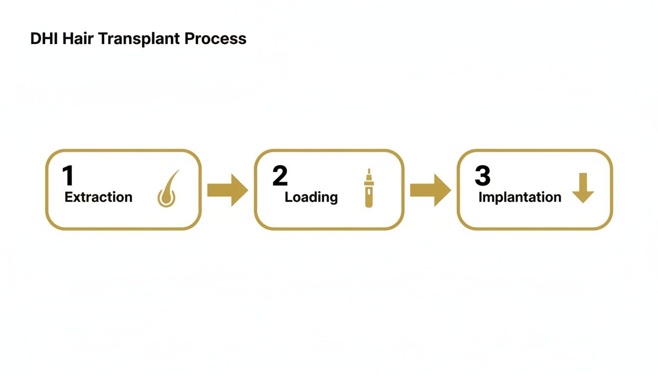 A diagram illustrating the DHI hair transplant process with steps: 1 Extraction, 2 Loading, 3 Implantation.