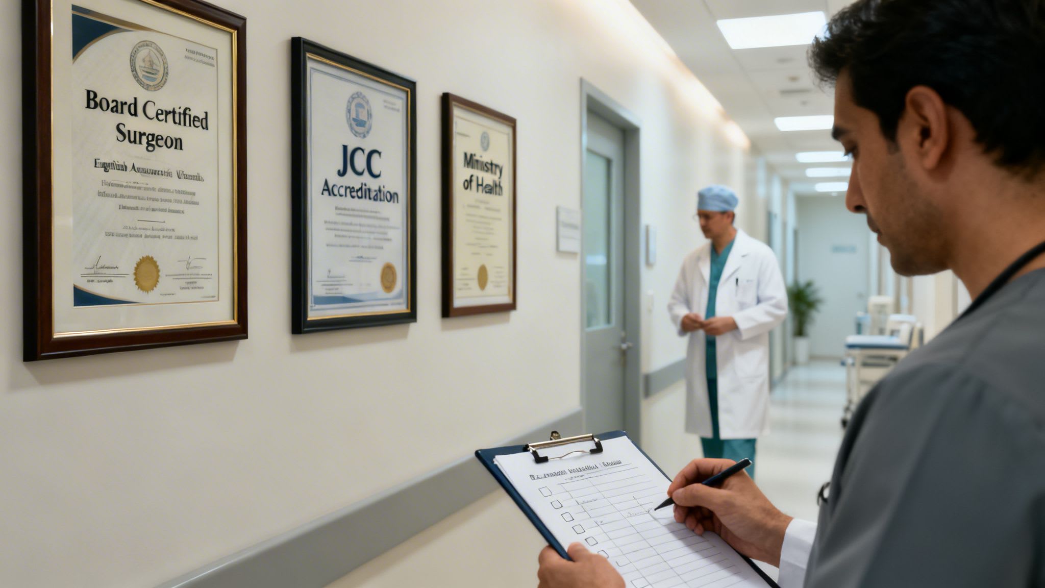 A doctor writes on a clipboard in a hospital hallway, with professional certification plaques on the wall.