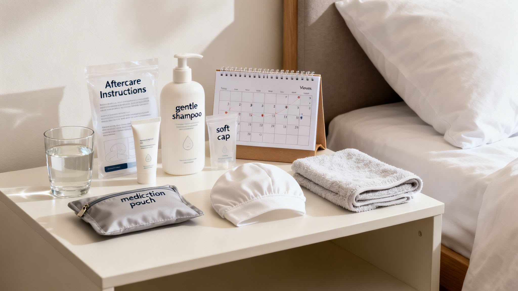 Post-operative care items including instructions, gentle shampoo, medication pouch, soft cap, and a calendar on a bedside table.