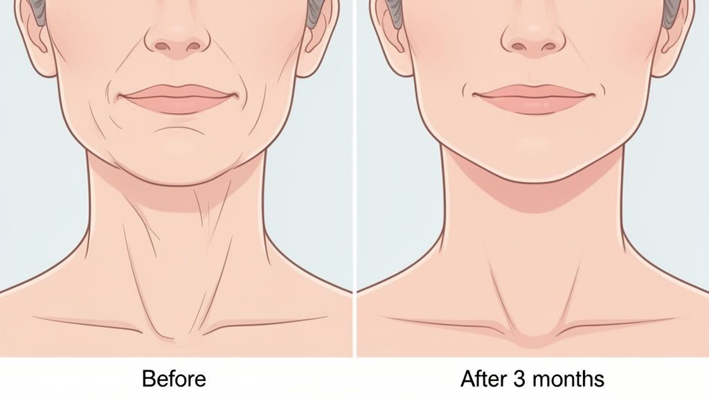 Before and after illustration of a woman's face and neck showing reduced wrinkles after 3 months.
