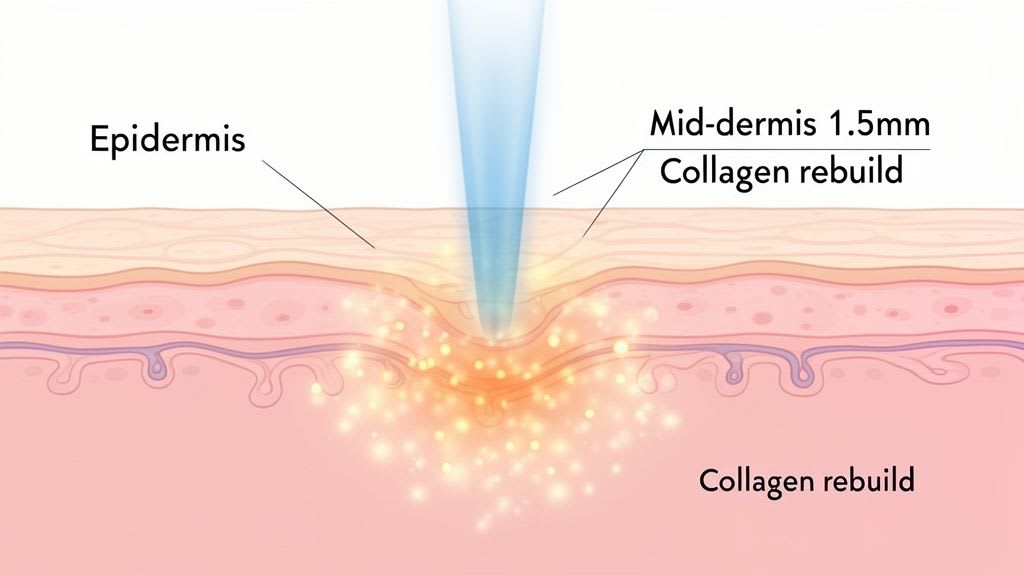 Illustrative diagram of a skin treatment using energy to stimulate collagen rebuild in the epidermis and mid-dermis.