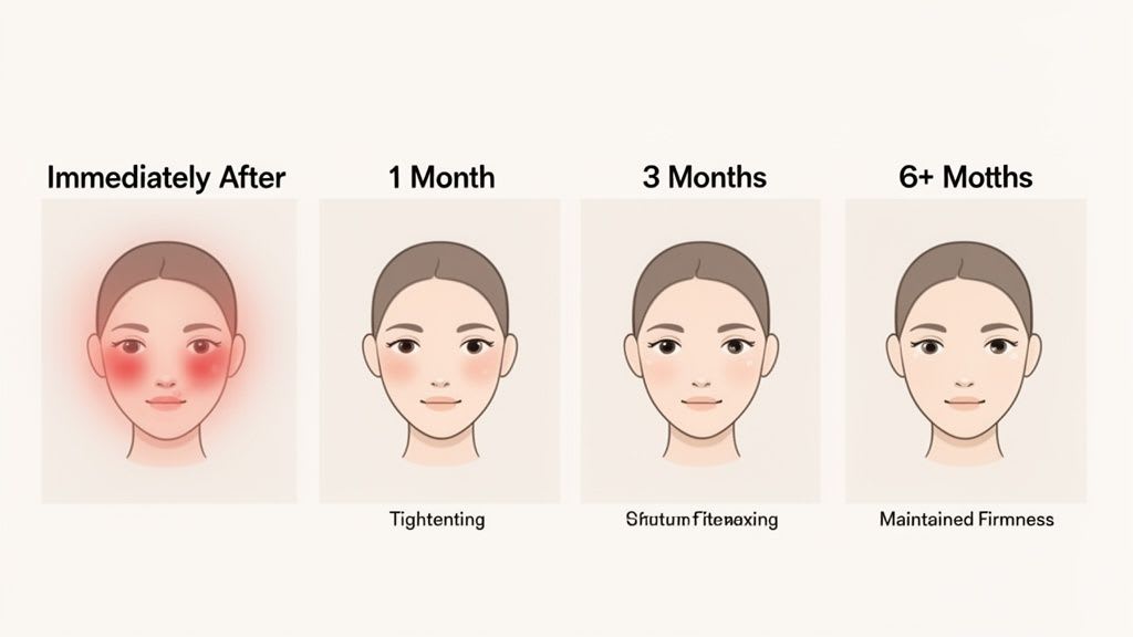 A four-panel illustration showing facial skin changes over time: immediate redness, then tightening, softening, and maintained firmness.