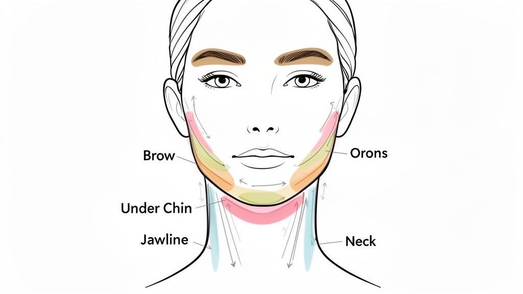 An illustrated guide of a woman's face and neck, highlighting brow, orons, under chin, jawline, and neck areas.