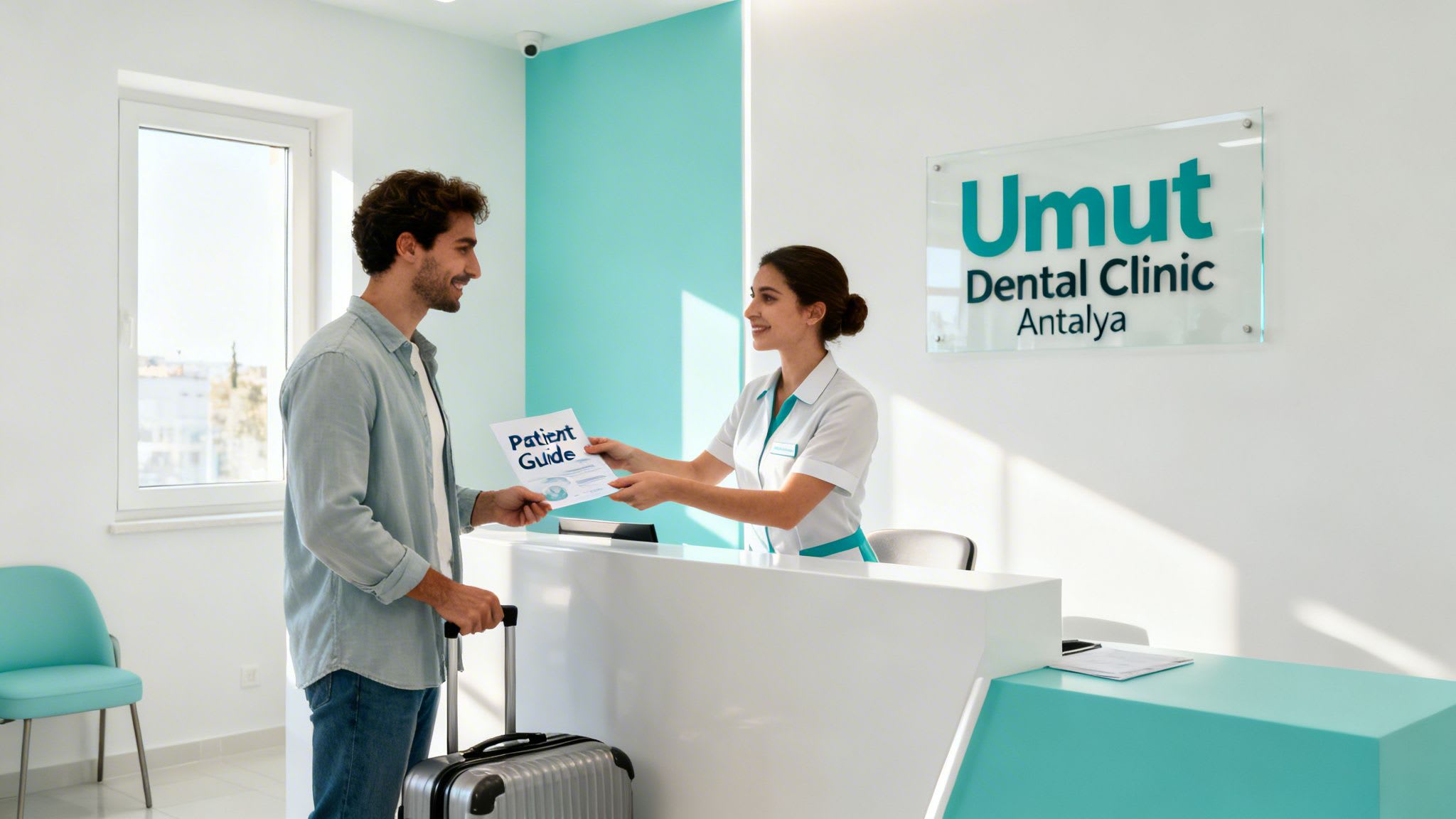 A man with a suitcase receives a patient guide from a receptionist at Umut Dental Clinic Antalya.