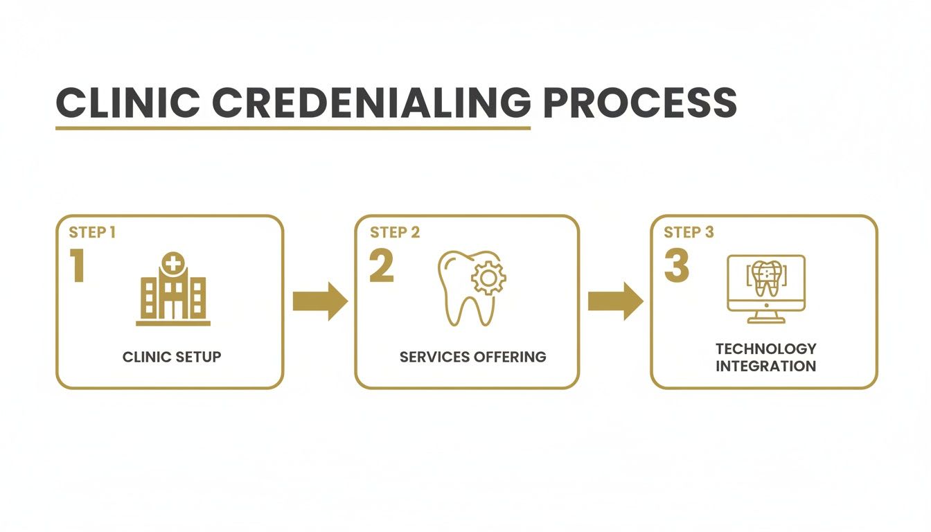 Flowchart showing a three-step clinic credentialing process: clinic setup, services, and technology integration.
