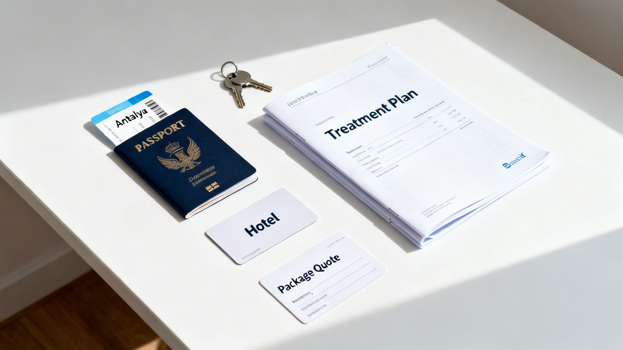 Passport, Antalya boarding pass, keys, hotel card, package quote, and treatment plan documents.
