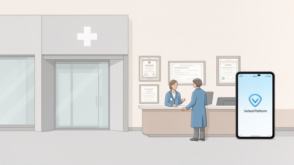 Illustration eines Empfangsbereichs im Krankenhaus mit einem medizinischen Kreuz, zwei Mitarbeitern und einem Smartphone, das die Vetted Platform App zeigt.