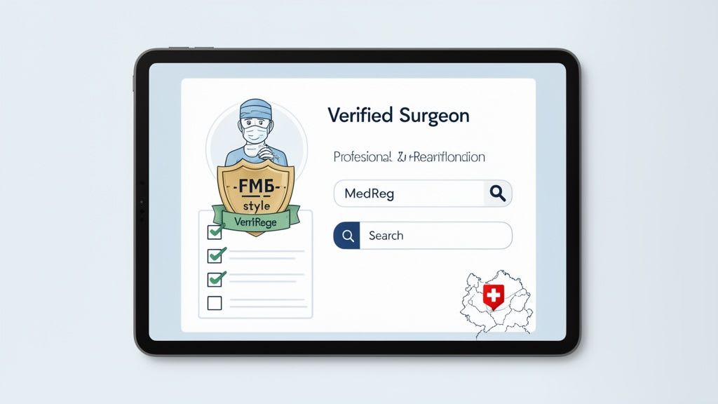 Ein Tablet zeigt ein digitales Profil für einen "Verifizierten Chirurgen" mit Suchfeldern und einer Karte der Schweiz.
