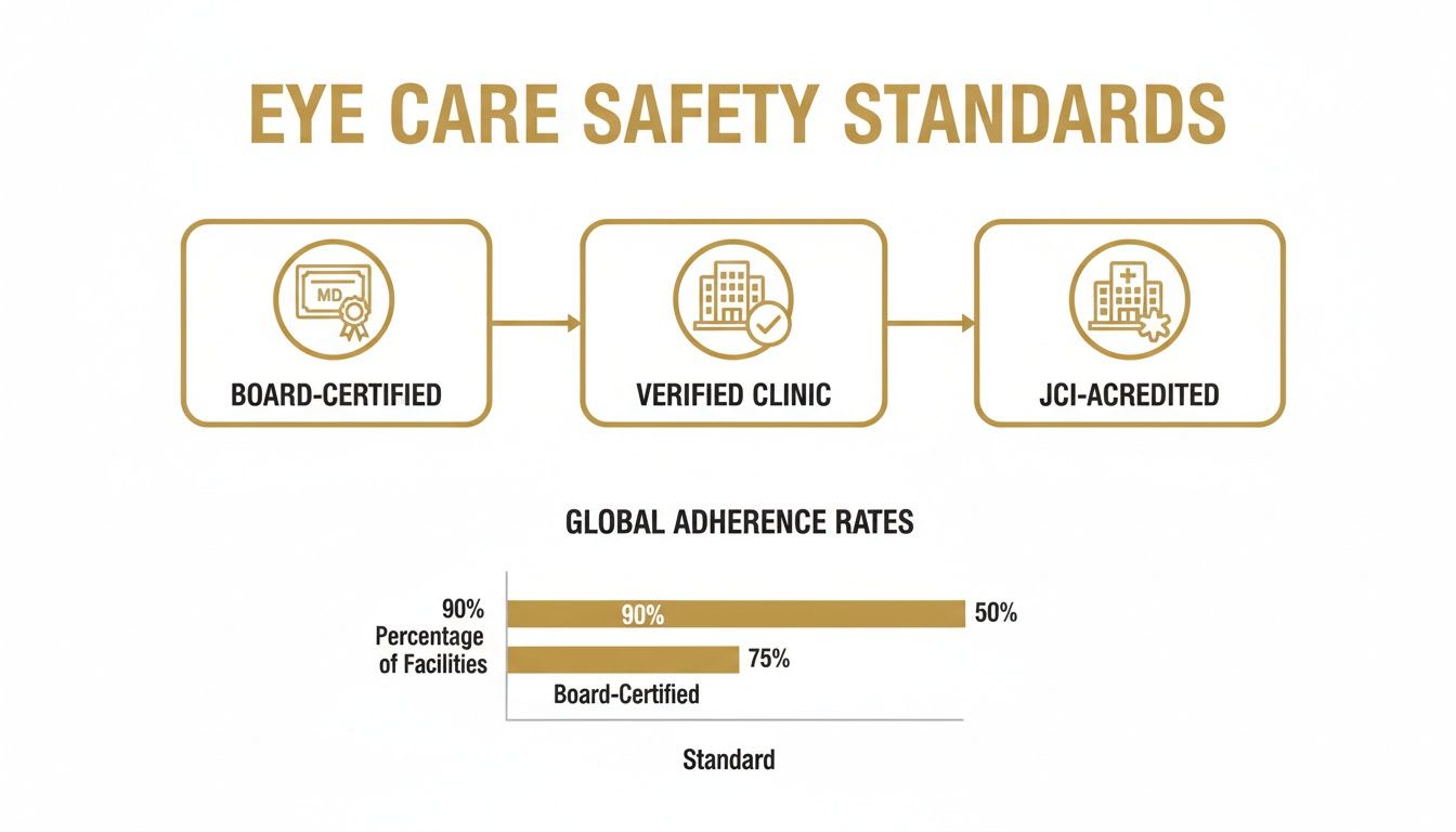 Infographic illustrating eye care safety standards, including board certification, clinic verification, and JCI accreditation, with global adherence rates.