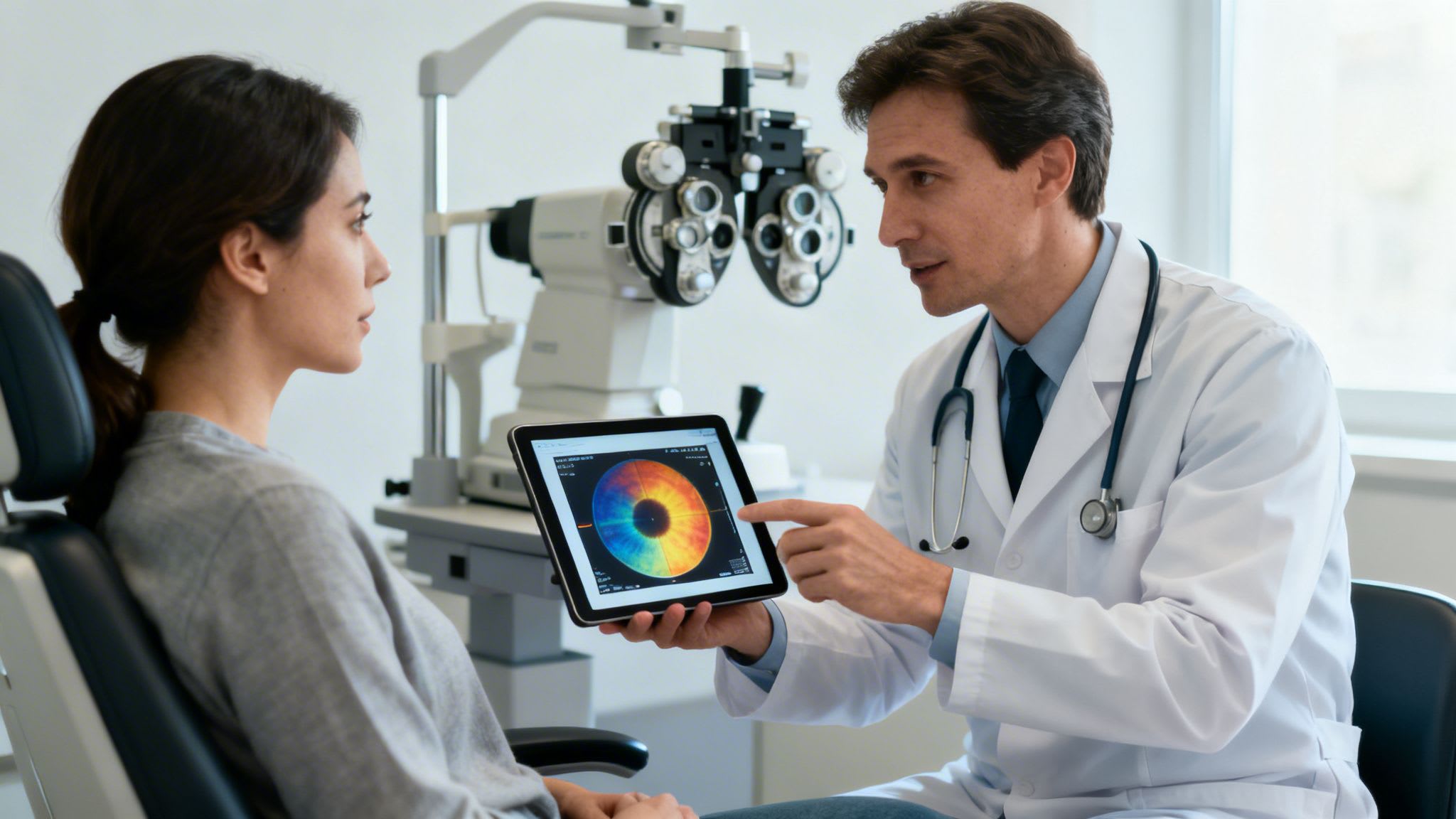 Ophthalmologist showing a detailed eye scan on a tablet to a female patient during an eye exam.