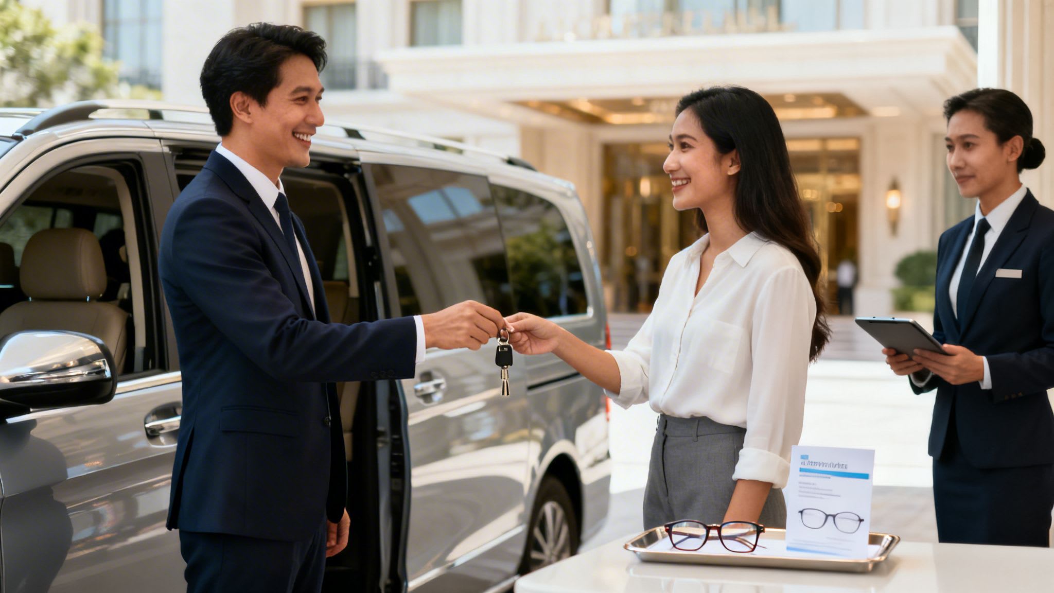 A smiling valet hands car keys to a woman, while a display of stylish optical glasses is visible on a tray.